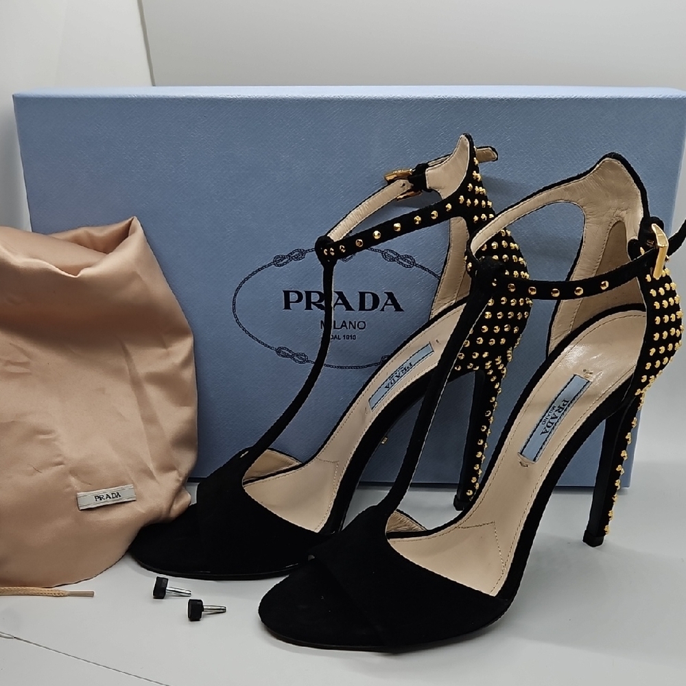 Prada Black Suede T-Strap Heels with Gold Studs W Box, Dustbag, Spare Tips 38.5